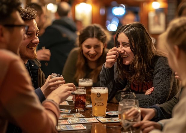 Junge Leute im Pub bei einem Quiz Abend
