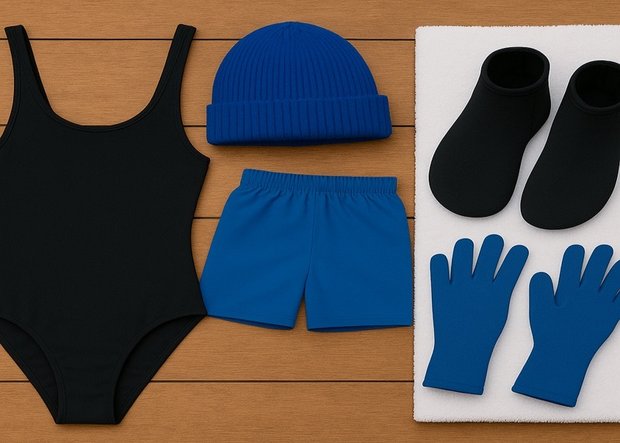 Winterbadeausrüstung aus Badeanzug, blauer Badehose, blauer Strickmütze, weißen Handschuhen, Badeschuhen und Handtuch, arrangiert auf warmem Holzuntergrund.