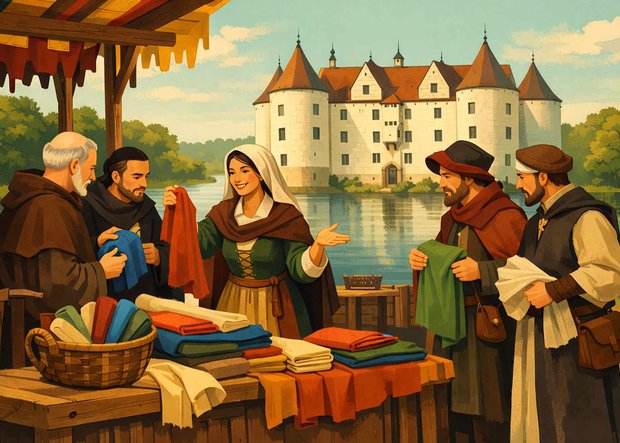 Tuchhändlerin beim Handel vor dem Wasserschloss Glücksburg